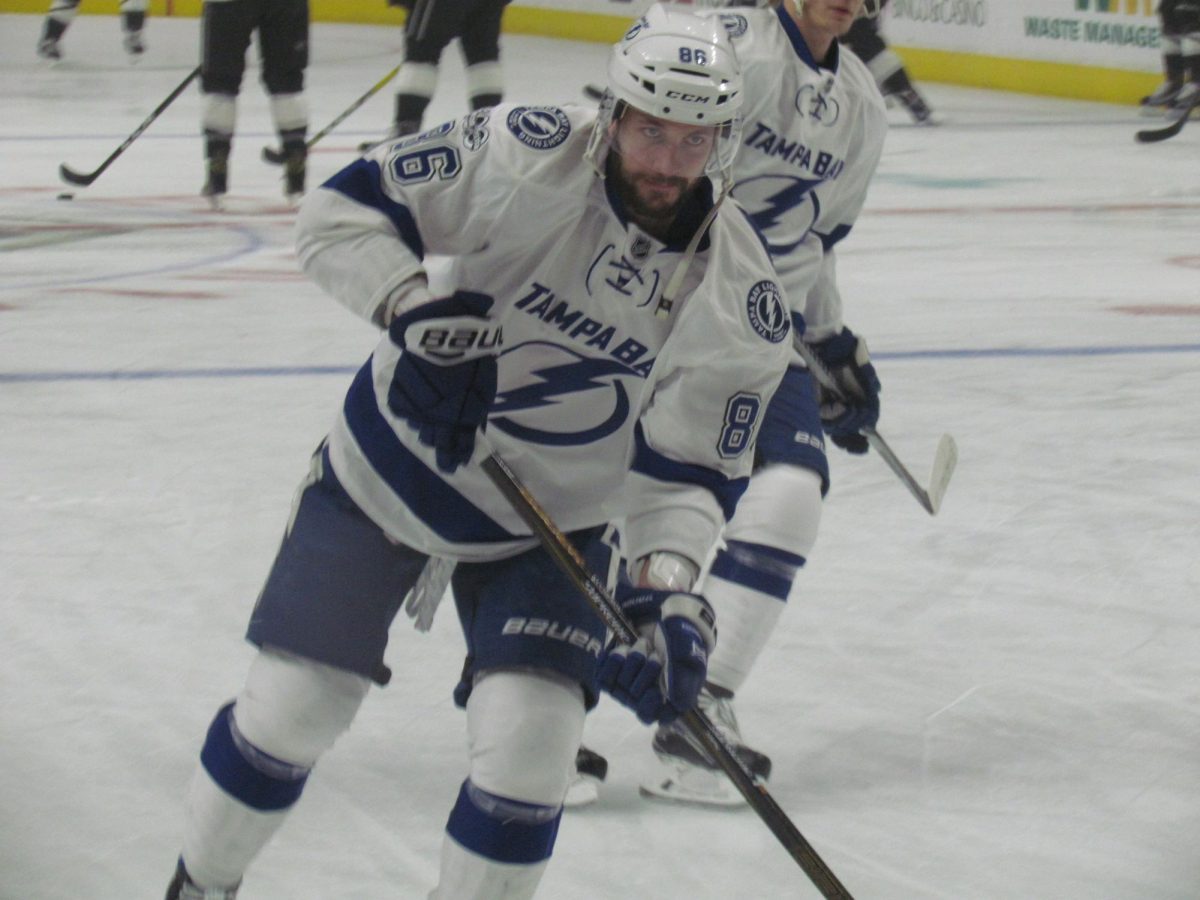 Nikita Kucherov warms up on the ice.