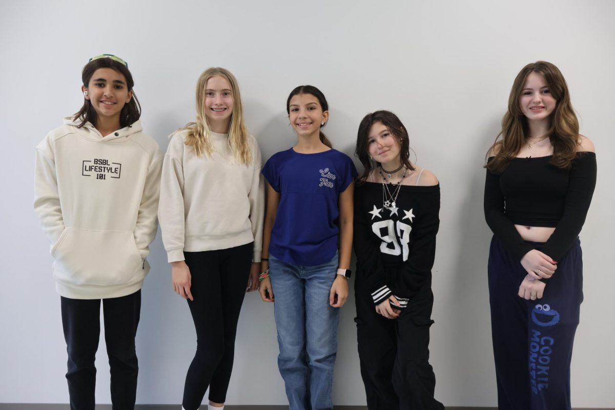 (Left to right) Students Brayden White, Lacey Ledesma, Gia Reyes-Cortes ,Mina Valdez, and Ruby Johnson show off their outfits.